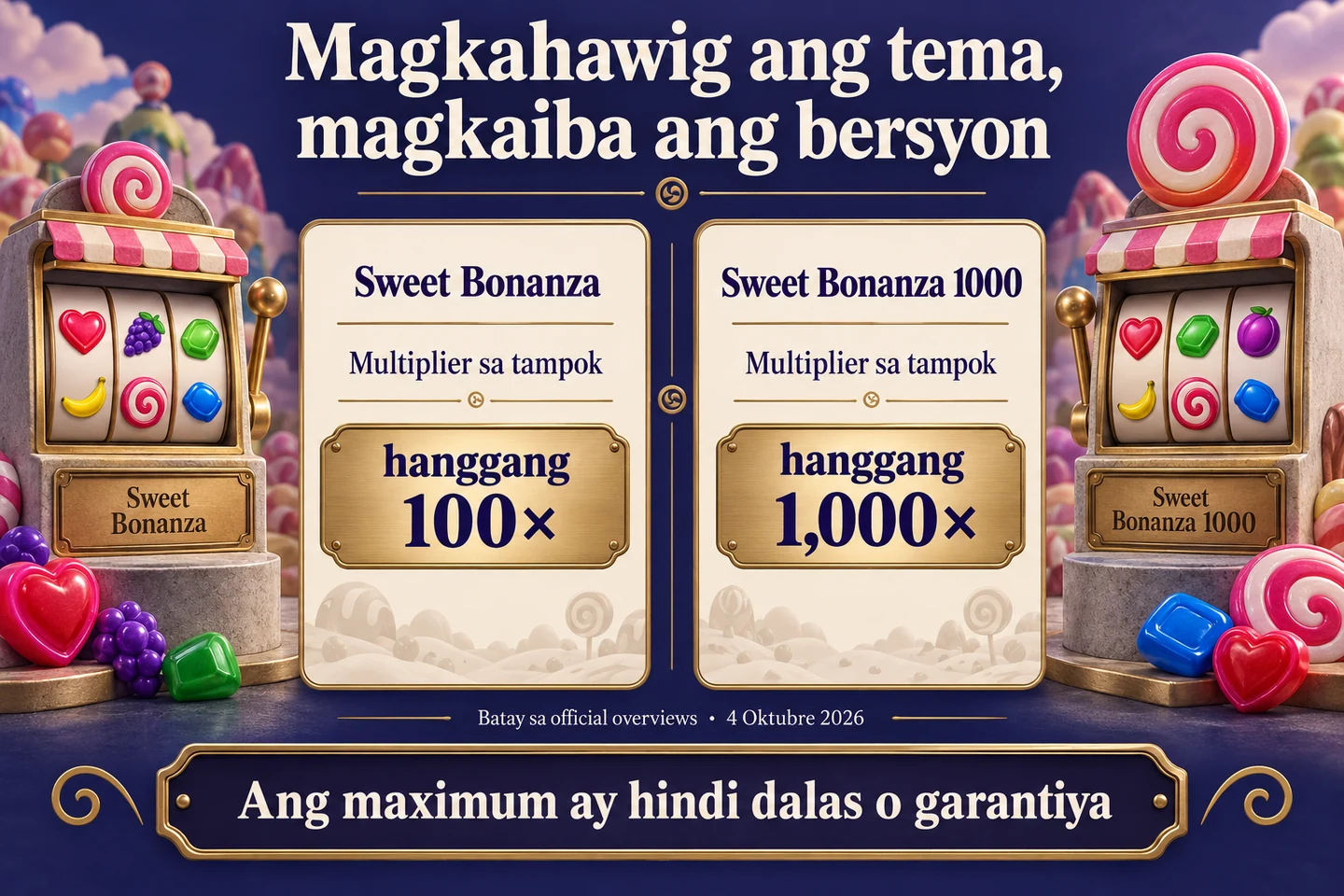Sweet Bonanza feature multiplier up to 100× and Sweet Bonanza 1000 to 1,000× according to official overviews; not frequency or guarantee.