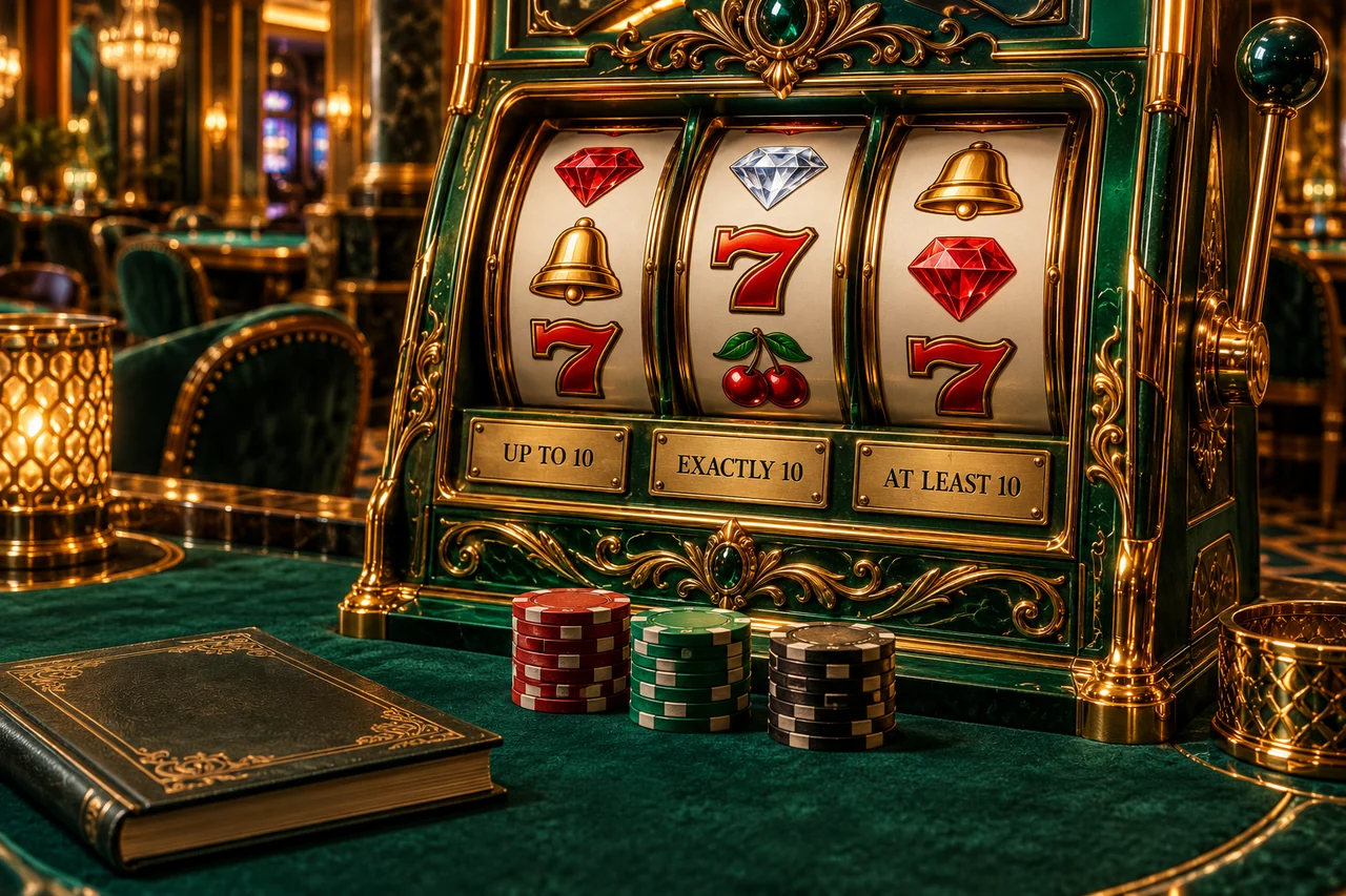 Detailed emerald slot machine has three distinct plaques reading up to ten, exactly ten and at least ten.