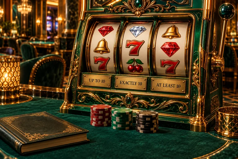 Detailed emerald slot machine has three distinct plaques reading up to ten, exactly ten and at least ten.