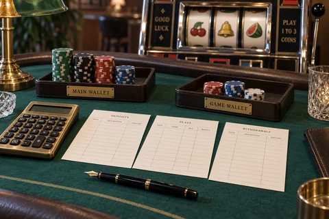Main-wallet and game-wallet chip trays beside a blank casino ledger and a slot cabinet.