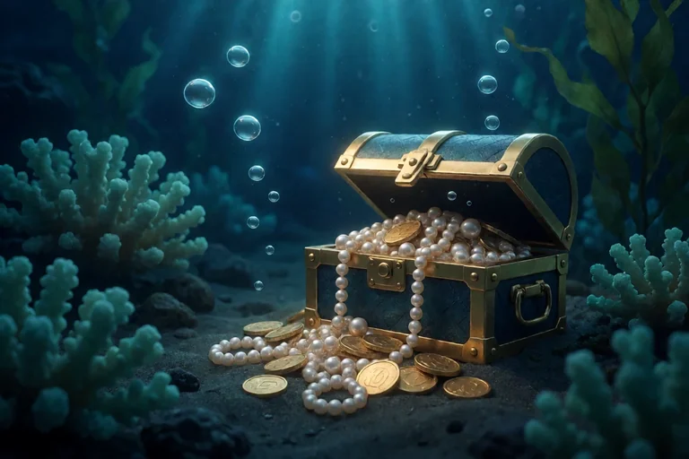 Gold-trimmed treasure casket half open on a dark seabed, with pearls and gold coins spilling out beside teal coral.