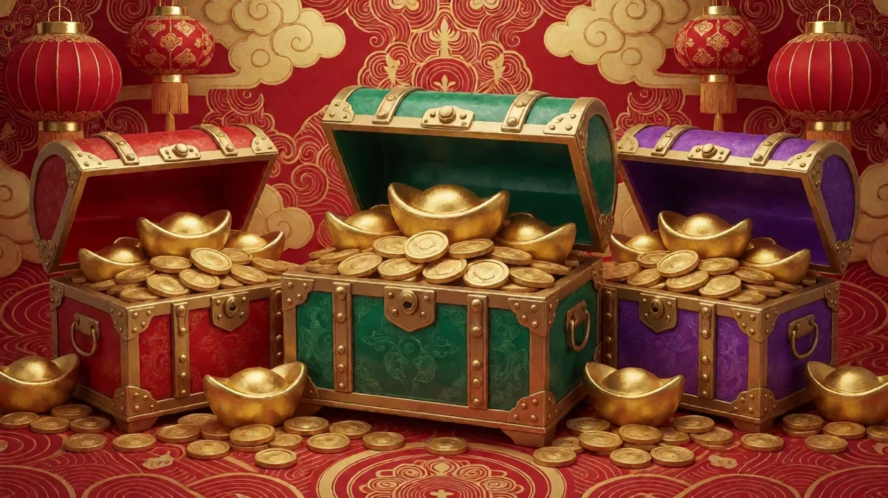 Three open lacquered treasure chests in red, jade green and purple overflowing with gold ingots and coins, against a red and gold cloud-pattern backdrop with lanterns