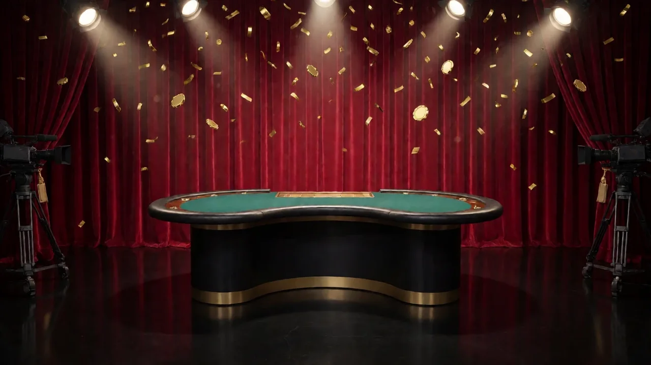 An empty live casino studio stage with red velvet curtains and spotlights as golden confetti and plain gold chips rain onto a green card table
