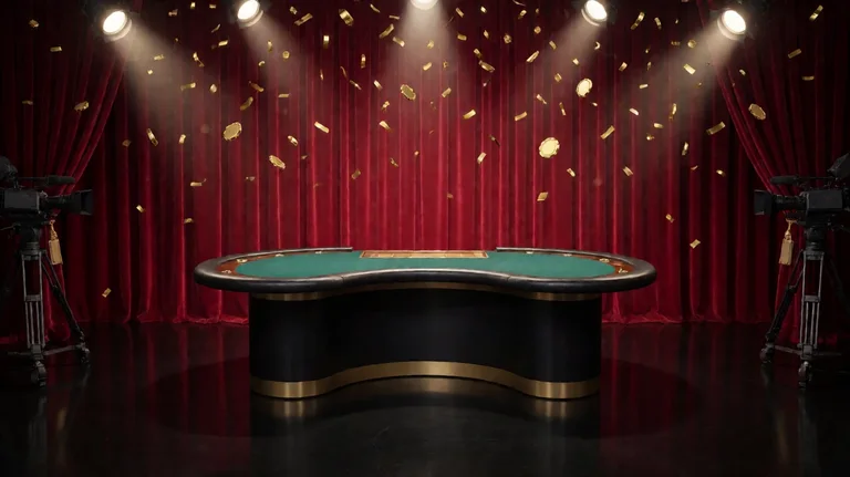 An empty live casino studio stage with red velvet curtains and spotlights as golden confetti and plain gold chips rain onto a green card table