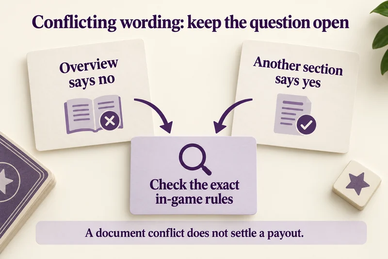 Conflicting overview statements lead to checking the exact in-game rules, not a payout conclusion.
